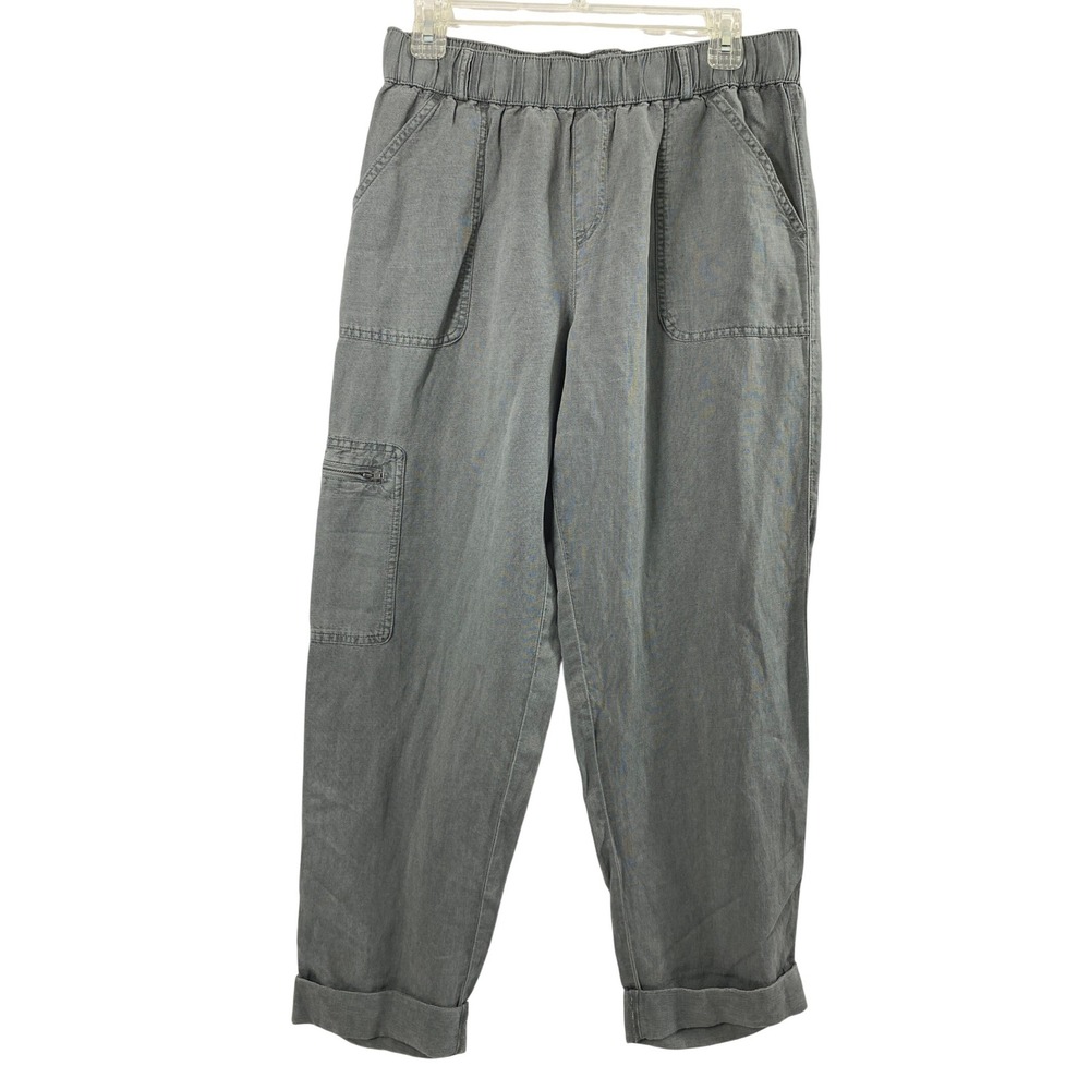 Nicole Miller Cargo Pants Women M Gray Linen Blend Utility Coastal Cuffed Slacks